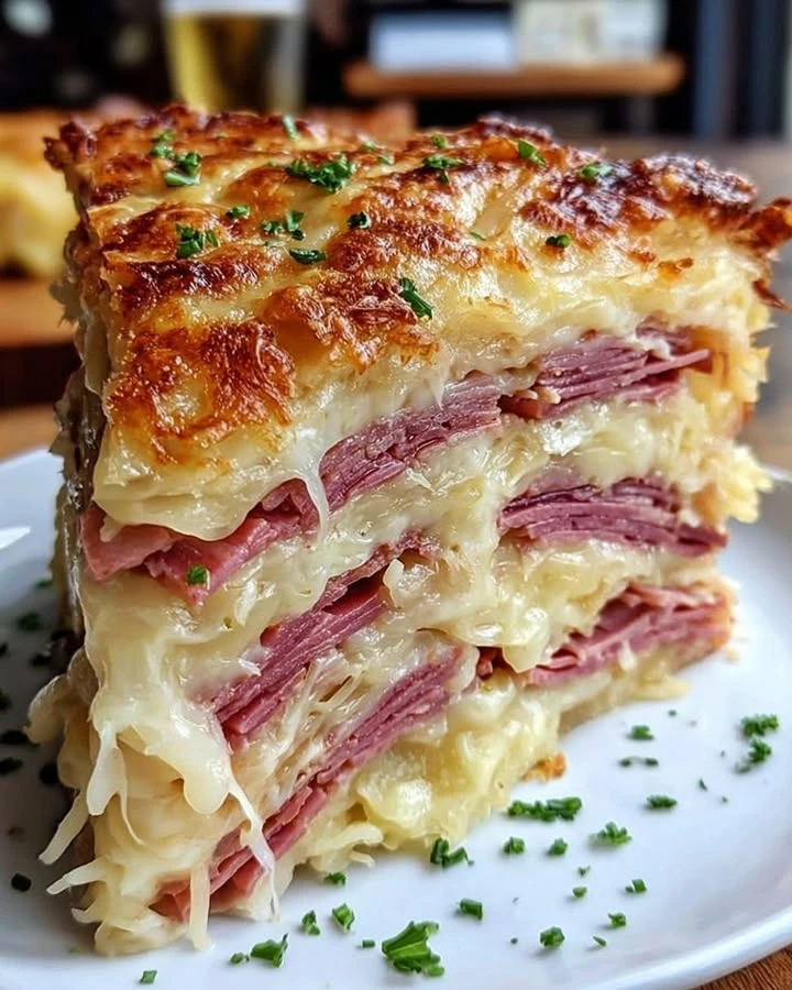 Reuben Bake with Layers of Corned Beef, Sauerkraut, and Swiss Cheese finished