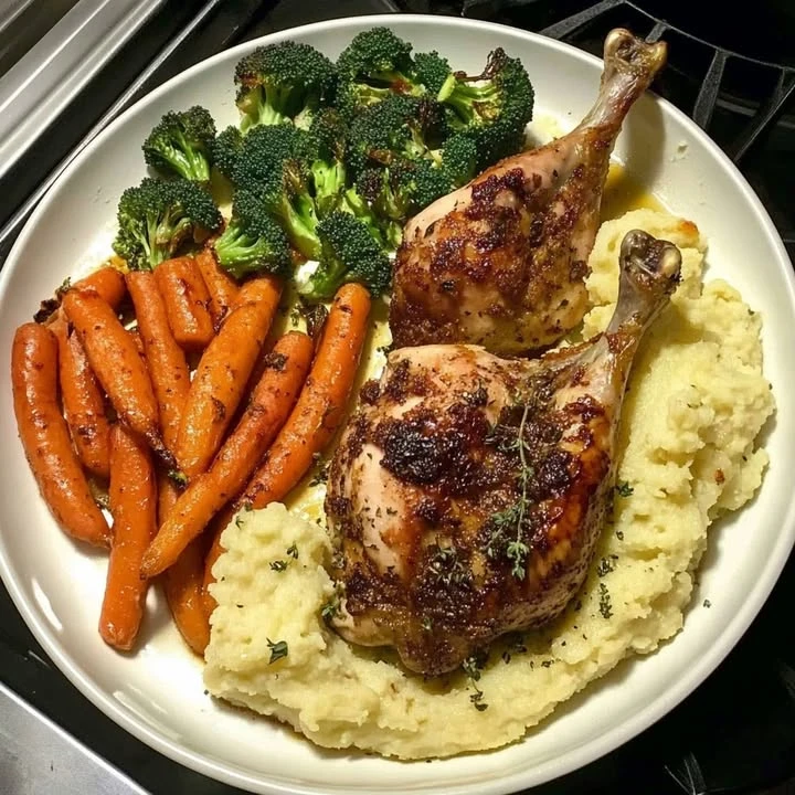 Roasted Chicken with Garlic Mashed Potatoes, Roasted Carrots, and Broccoli finished