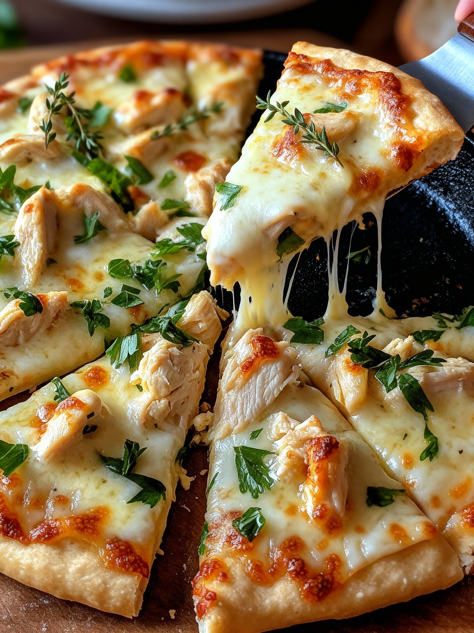 Roasted Garlic White Chicken Pizza finished