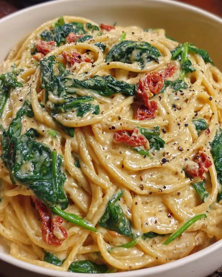 Spaghetti & Spinach with Sun-Dried Tomato Cream Sauce finished