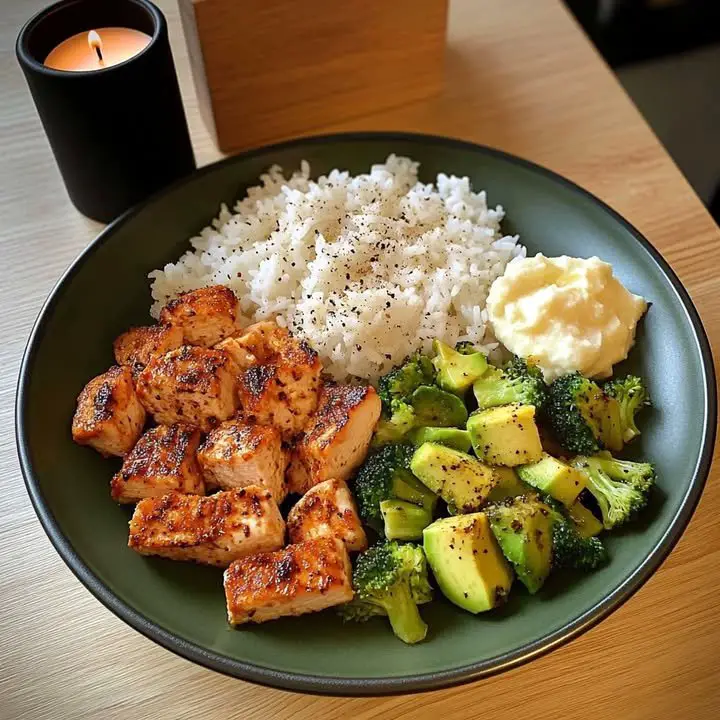 Recipe Title: Spiced Chicken & Veggie Bowl with Fluffy Rice and Avocado ingredients