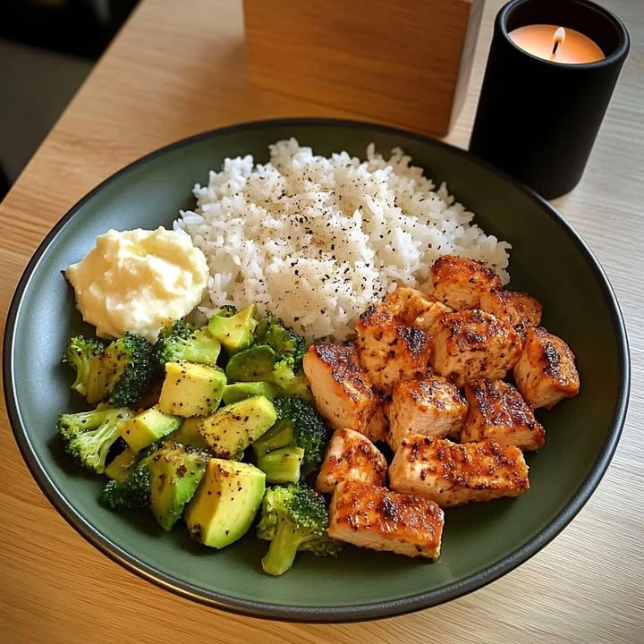 Recipe Title: Spiced Chicken & Veggie Bowl with Fluffy Rice and Avocado finished