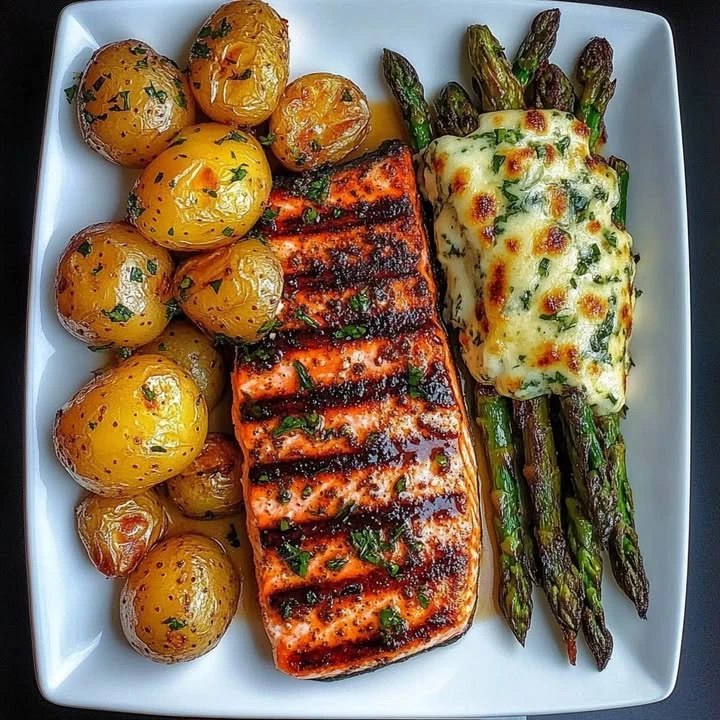 Recipe Title: Spiced Salmon with Cheesy Asparagus & Garlic Herb Potatoes finished