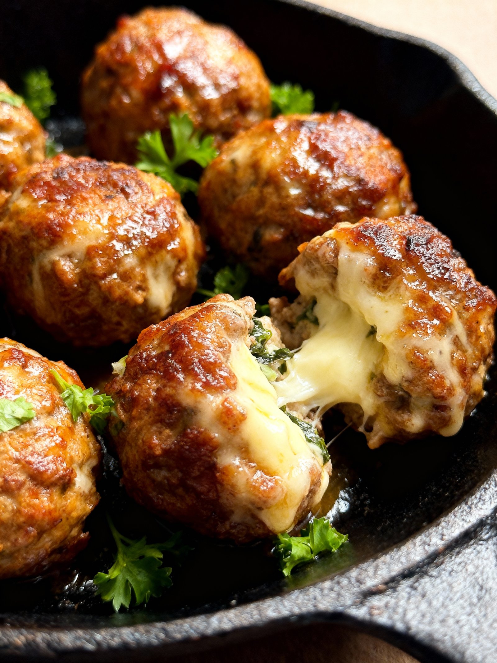 Spinach Garlic Stuffed Meatballs finished