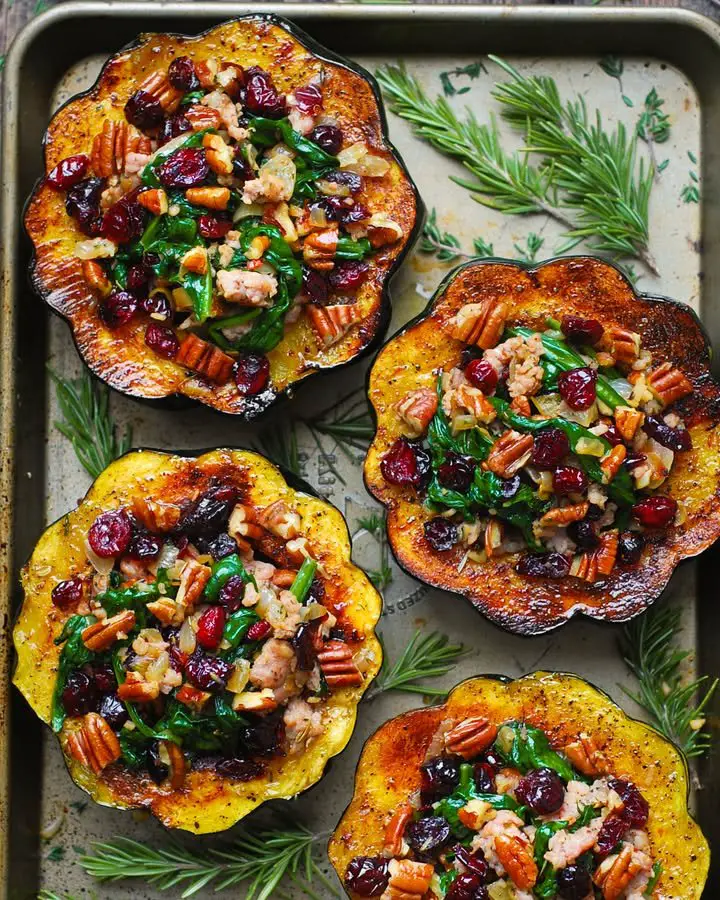 Stuffed Acorn Squash with Sausage, Spinach, Pecans, and Dried Cranberries ingredients