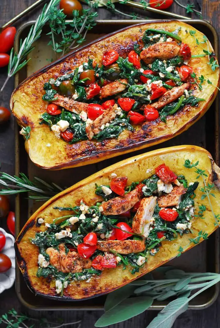 Stuffed Spaghetti Squash with Chicken, Tomatoes, Spinach, and Feta Cheese ingredients