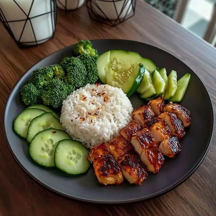 Teriyaki Chicken with Steamed Rice, Broccoli, and Cucumber ingredients
