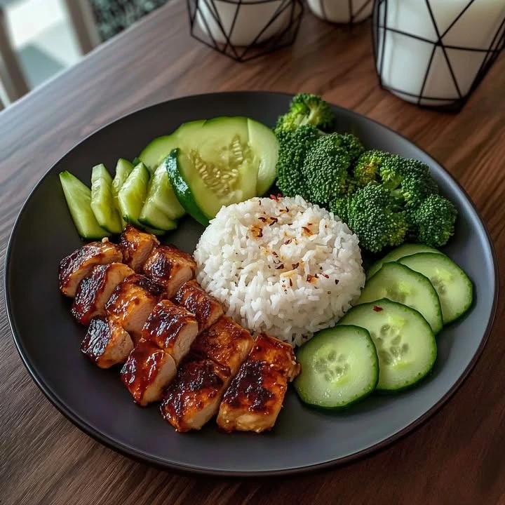 Teriyaki Chicken with Steamed Rice, Broccoli, and Cucumber finished