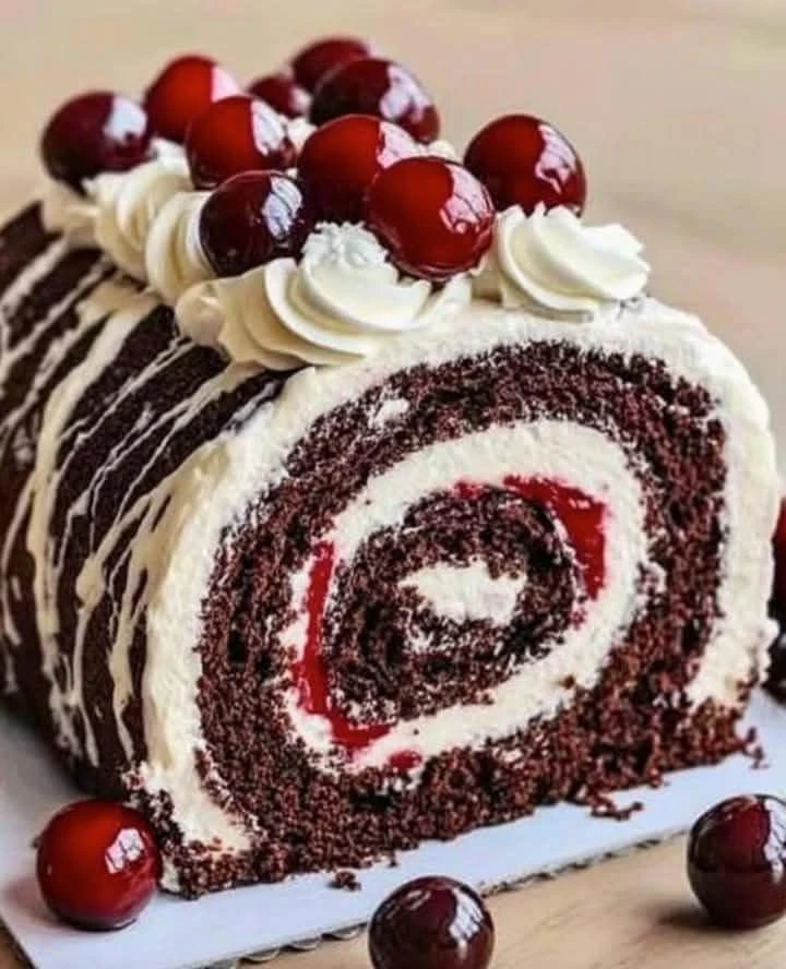 Black Forest Cream Roll Cake A Dreamy Chocolate & Cherry Delight finished