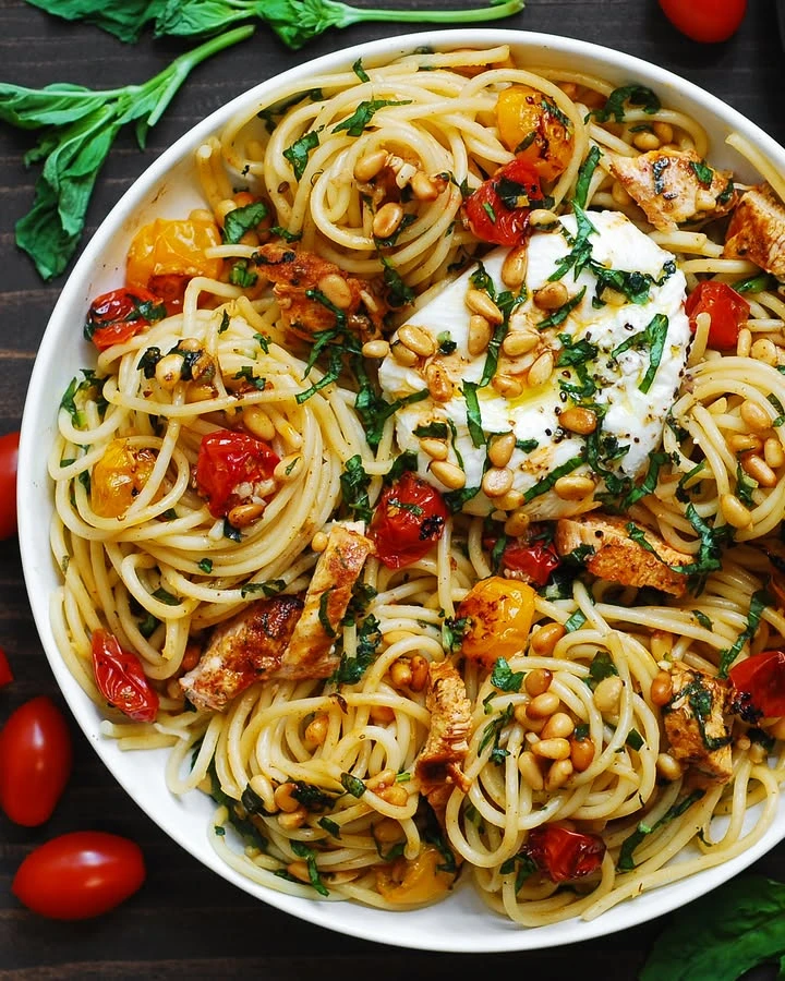 Chicken Spaghetti with Burrata and Lemon Butter Garlic Sauce finished