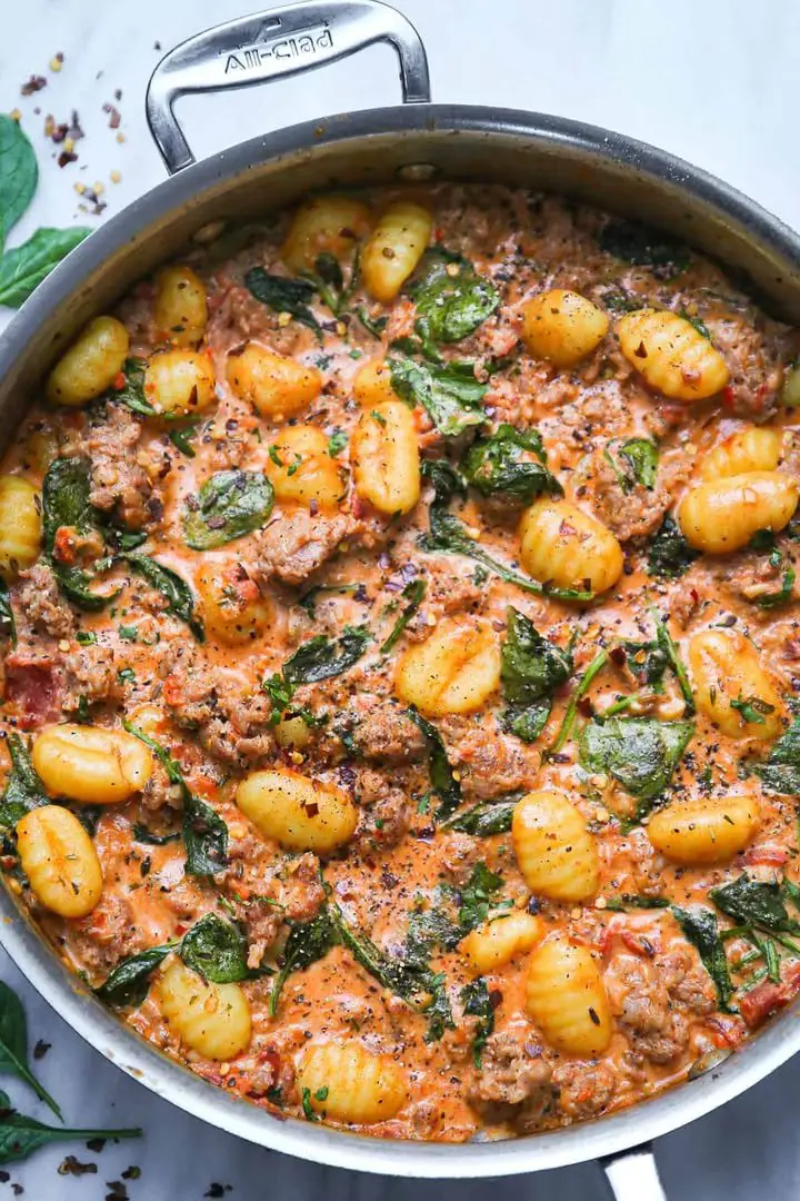 Creamy Sausage Gnocchi with Spinach Italian Sausage and basic Tomato Sauce 30-minute ONE-PAN recipe ingredients