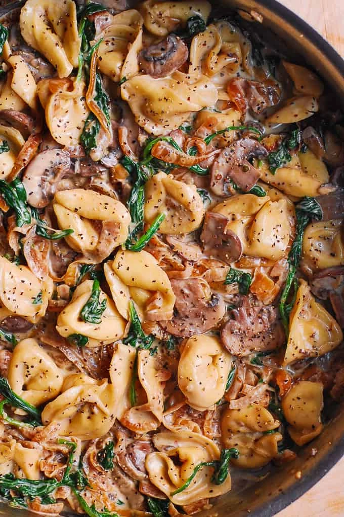 Creamy Spinach Mushroom Tortellini with Caramelized Onions finished