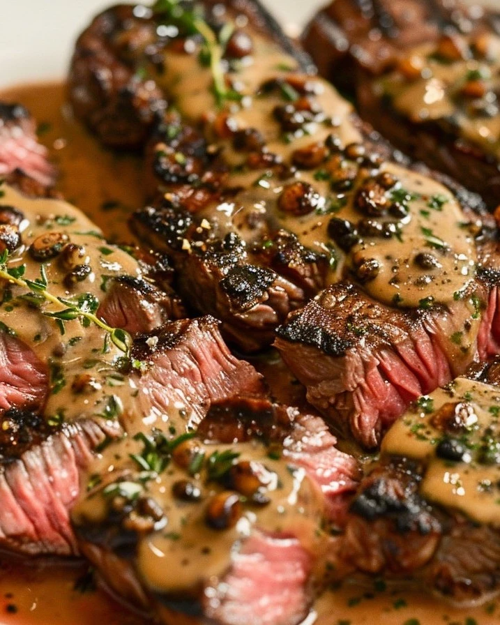 French Seared Steak with Cognac Cream Sauce finished