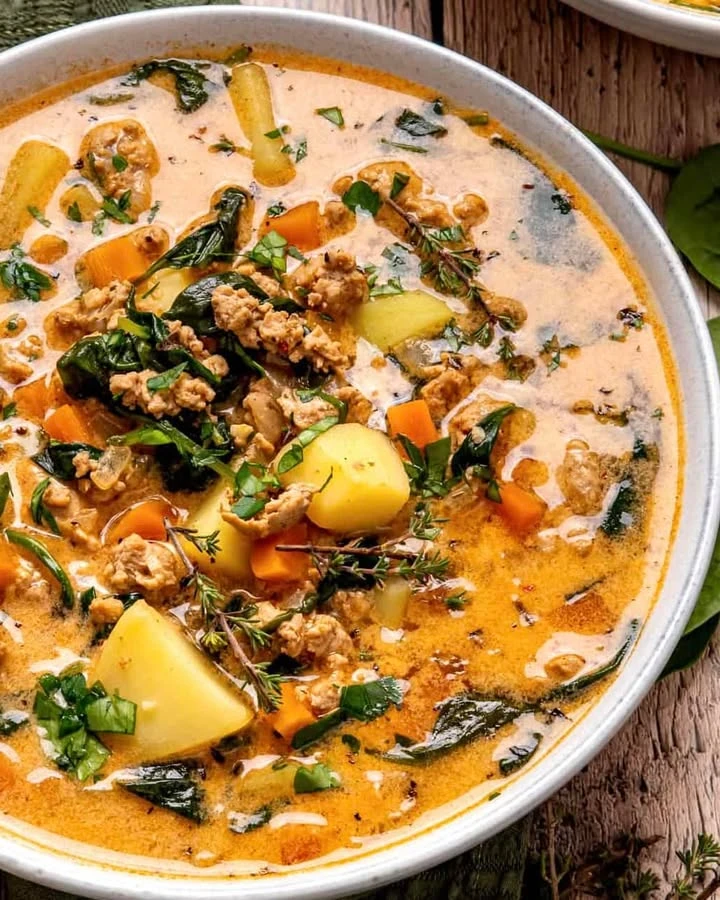 Italian Sausage Potato Soup with Carrots and Spinach finished