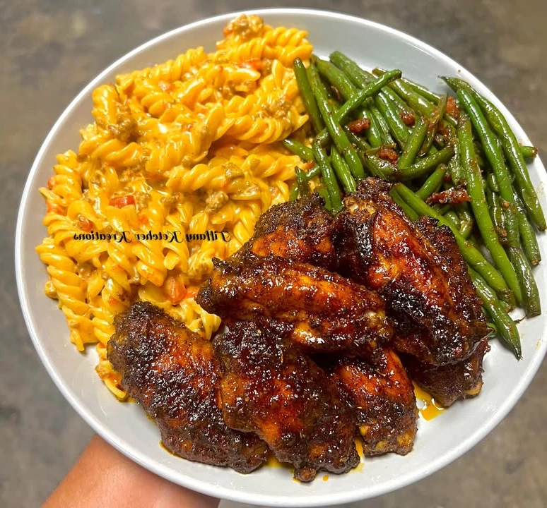 Jerk wings, rotel pasta and green beans finished