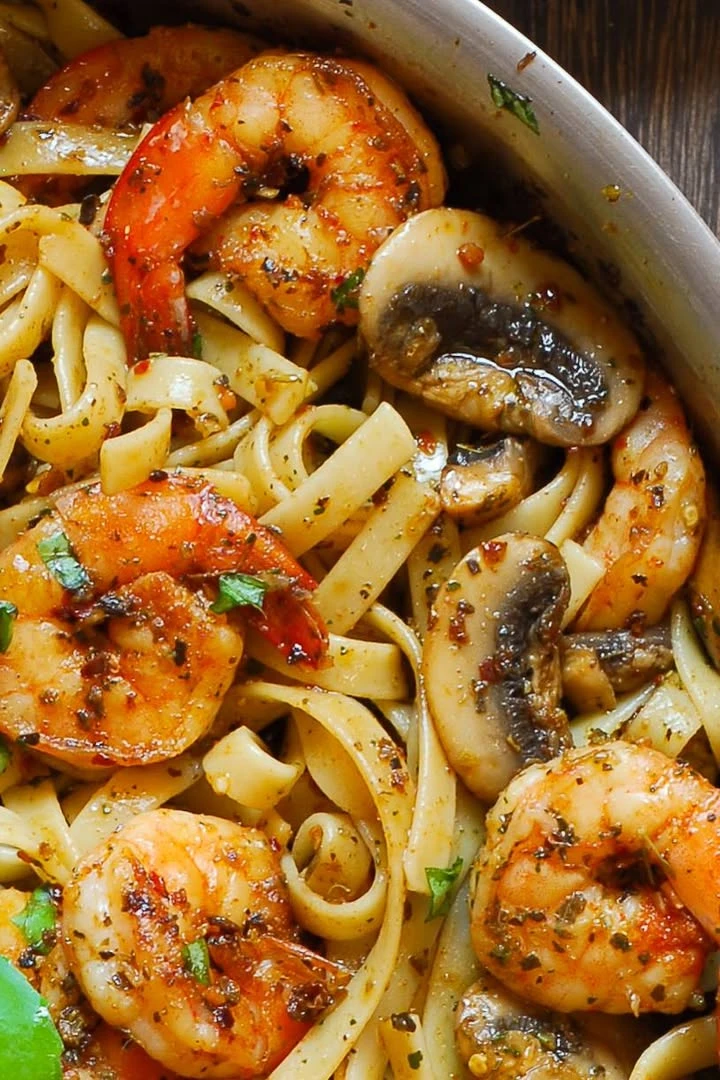 Pesto Shrimp Fettuccine in Mushroom Garlic Sauce finished