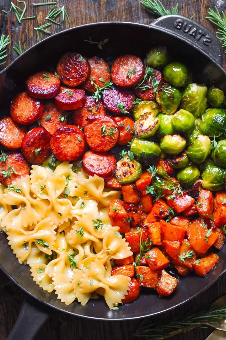 Sausage Pasta with Roasted Brussels Sprouts and Butternut Squash in a Garlic Butter Sauce. No cream, no cheese! finished