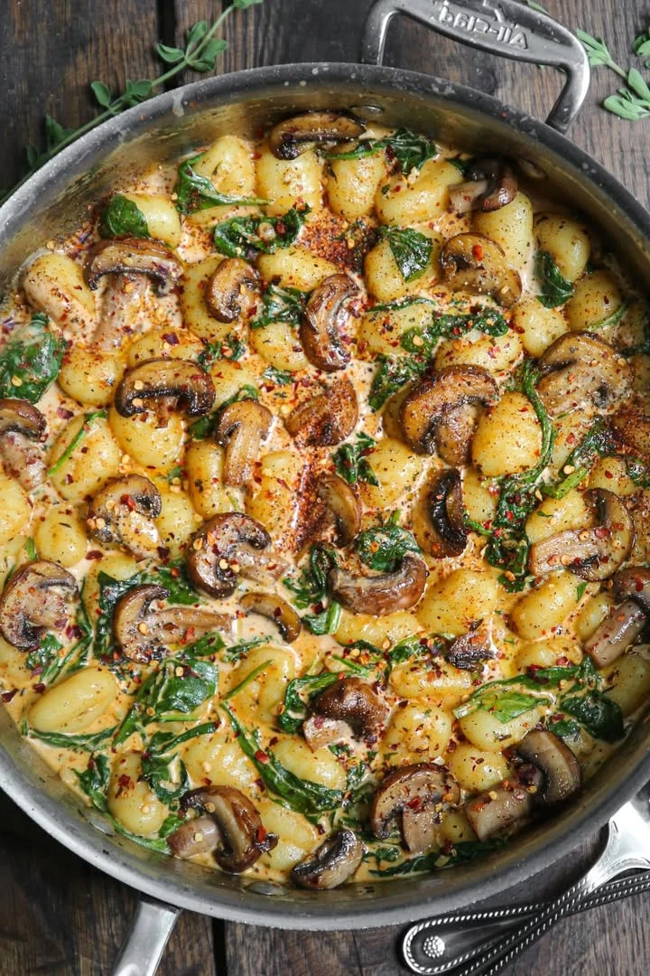 Spinach and Mushroom Gnocchi in a Creamy Garlic and Smoked Paprika Sauce finished