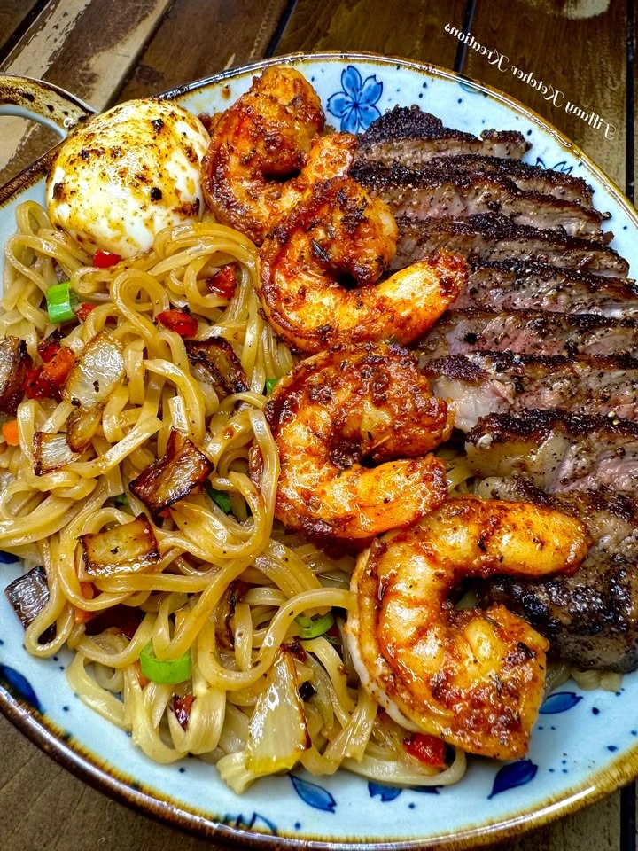 Steak & shrimp noodles finished