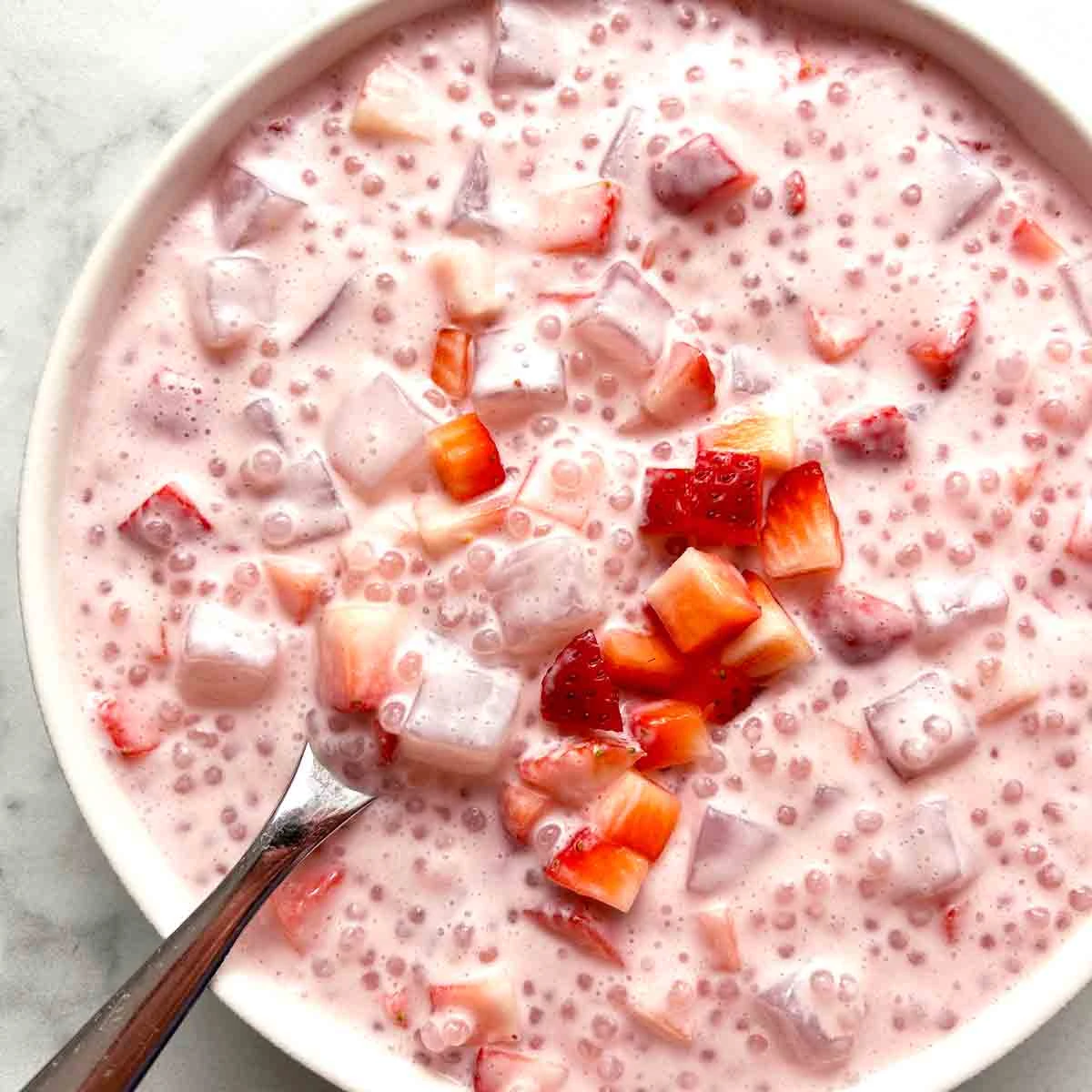 Strawberry Sago Dessert with Coconut Jellies finished