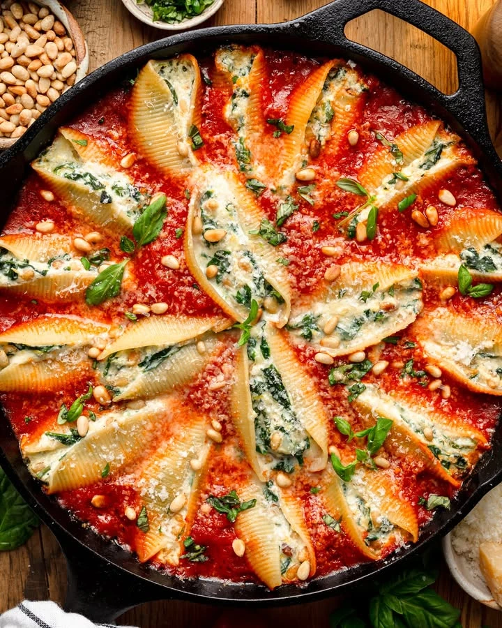 Recipe Title: Stuffed Shells with Ricotta, Mozzarella, Parmesan, Sautéed Spinach, Toasted Pine Nuts, and Marinara Sauce! MEATLESS. finished