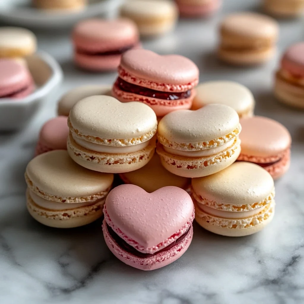 Recipe Title: Heart Shape Macarons For Valentine's Day or Delight your loved ones with these adorable heart-shaped macarons. Filled with creamy ganache or fruity jam, they are the perfect sweet treat to express your love on Valentine's Day. Valentine macarons, heart-shaped dessert, romantic treat, sweet Valentine's recipe, macaron ideas image-3