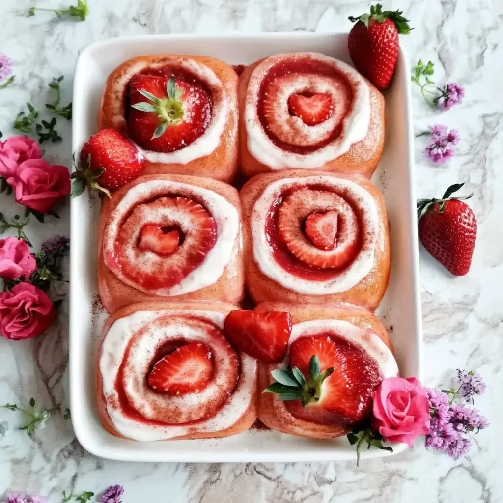 Pink Cinnamon Rolls or Valentines rolls with strawberries image-3