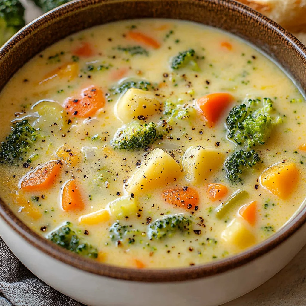 Homemade Creamy Vegetable Cheddar Soup with Milk and Broccoli step by step