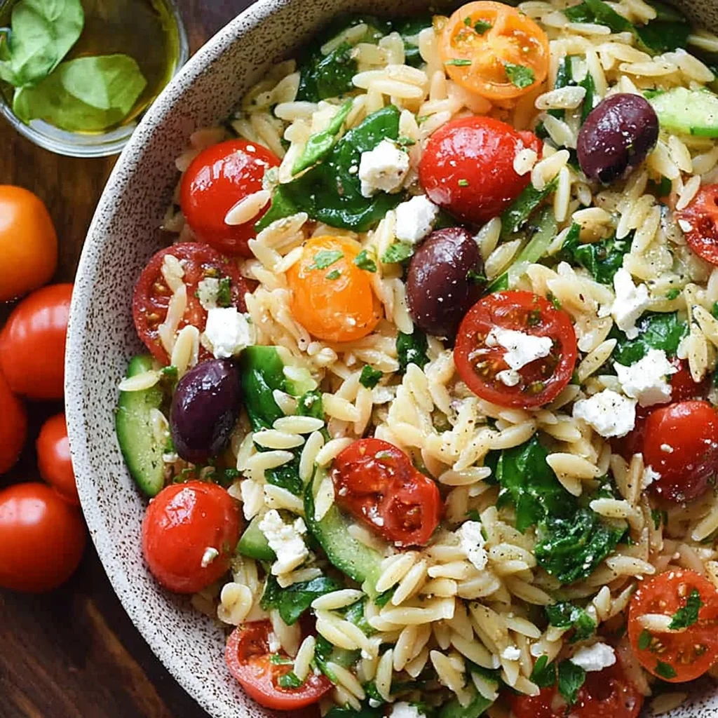 The Best Orzo Salad Ever or Orzo salad with cherry tomatoes cucumber olives feta cheese spinach and Italian dressing step by step