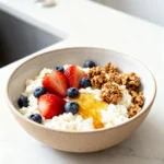 Cottage cheese bowl topped with berries granola and honey