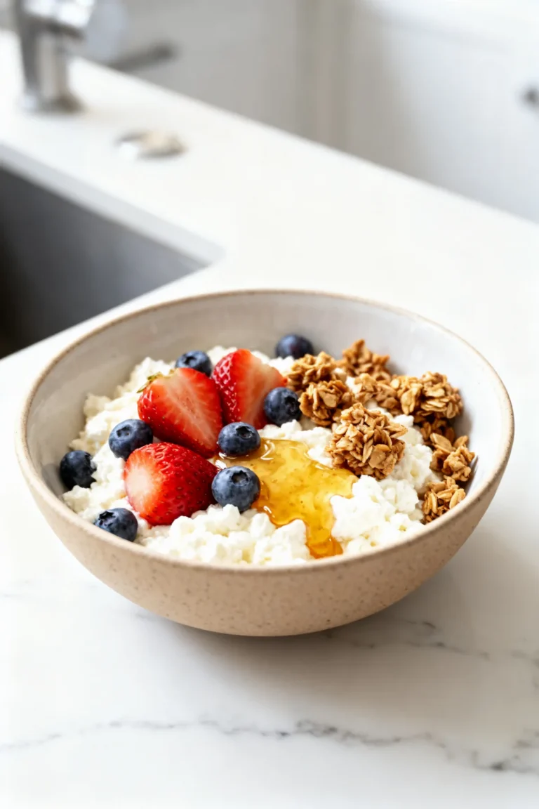Cottage cheese bowl topped with berries granola and honey