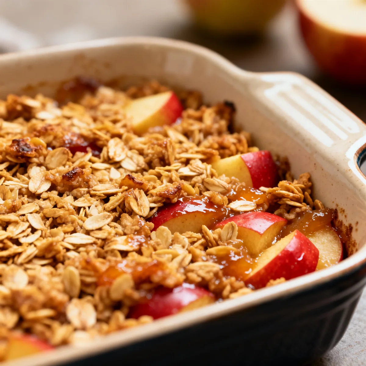 Easy apple crisp with crunchy brown sugar oat topping in a baking dish