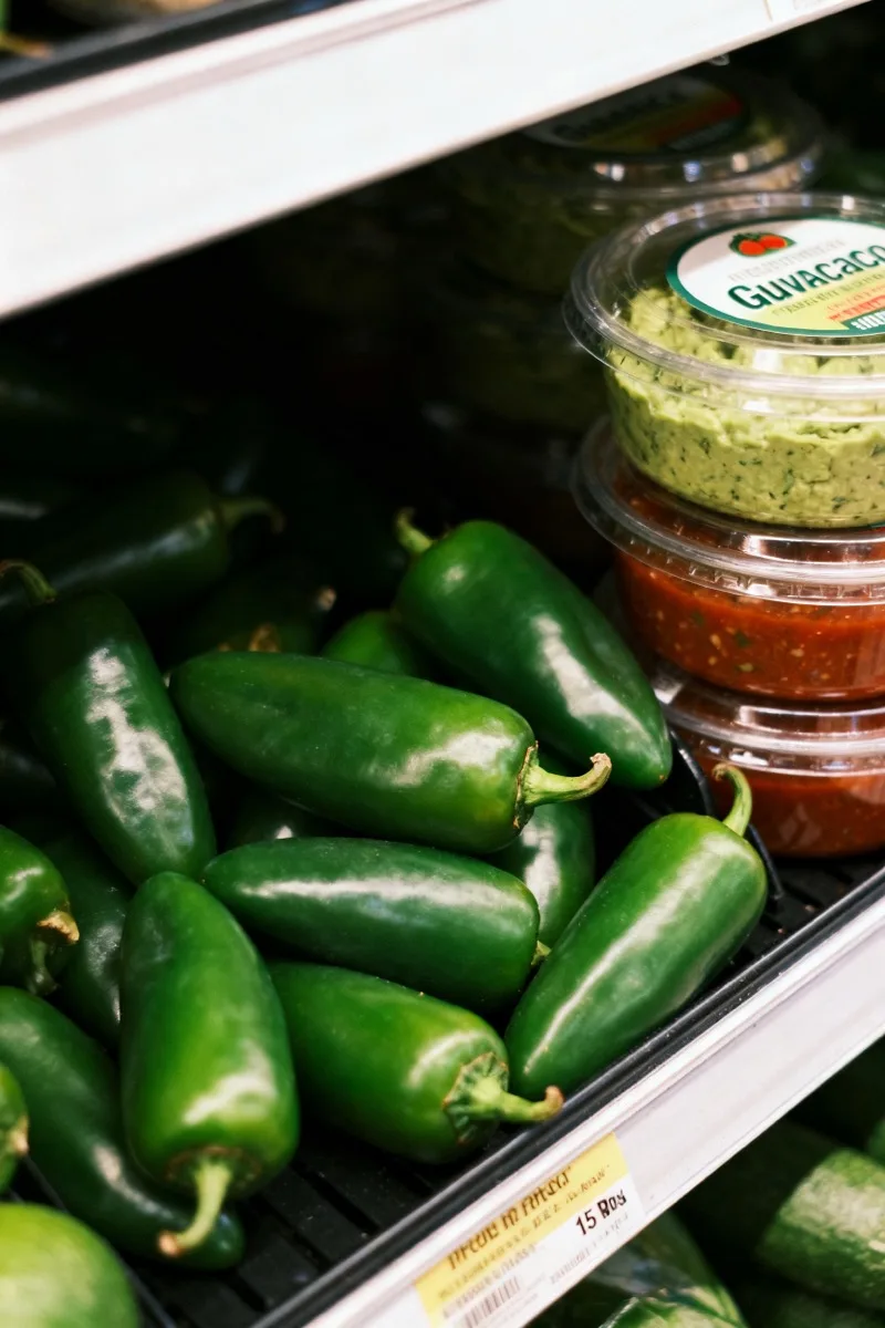 Fresh jalapeño peppers next to tubs of guacamole and salsa on a supermarket refrigerated shelf