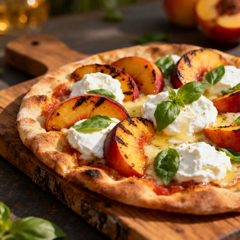 Grilled Peach and Burrata Flatbread (The Salt-Macerated Trick That Fixes Soggy Bread)