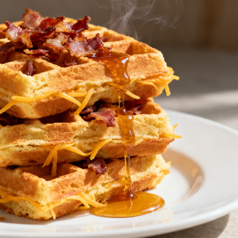 Savory Cheddar Bacon Waffles with Maple Hot Honey