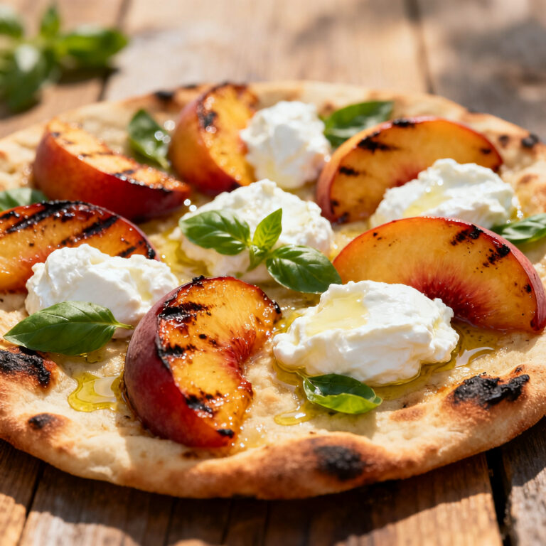 Grilled Peach and Burrata Flatbread with Hot Honey and Pistachios
