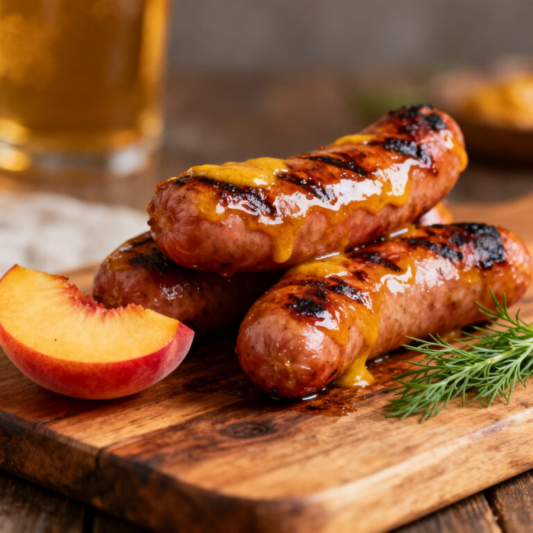 Grilled Beer Brats with Peach Mustard Glaze (No Boiling Required)