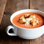 Bowl of creamy tomato bisque soup with croutons