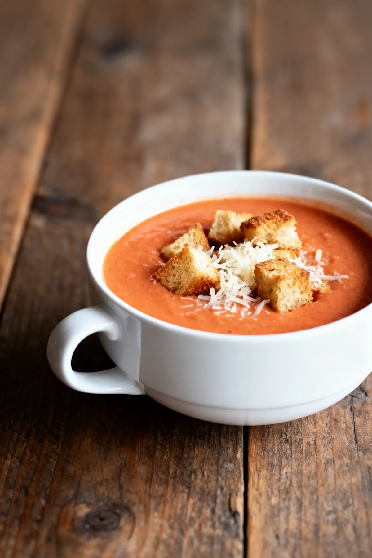 Bowl of creamy tomato bisque soup with croutons