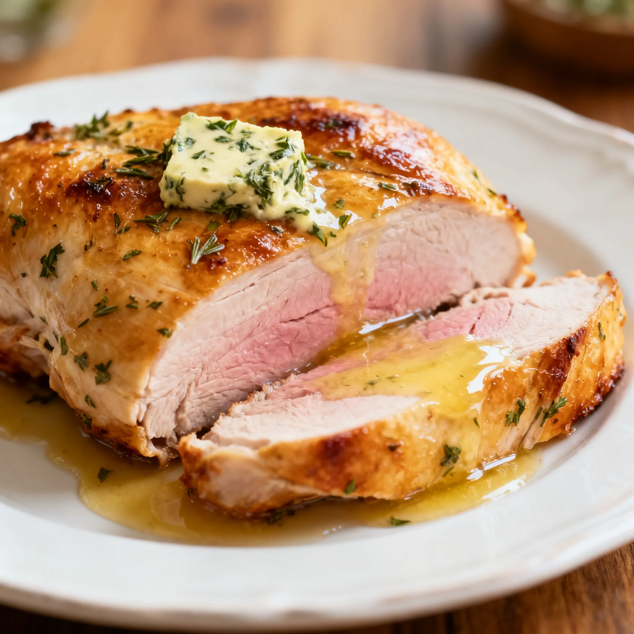 Sliced herb butter roast turkey breast on a platter with golden crisp skin