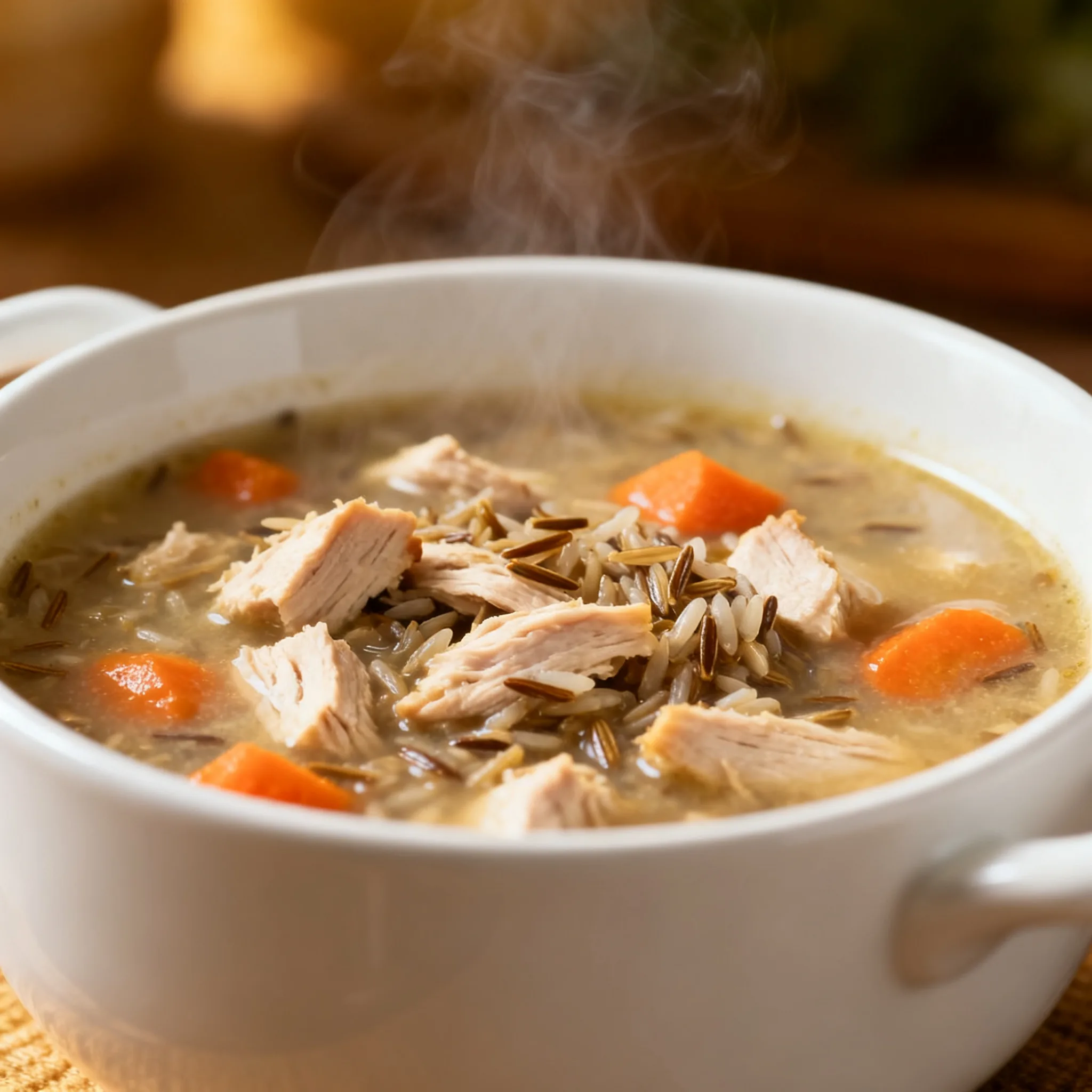 Bowl of creamy turkey wild rice soup with carrots, celery, and fresh thyme